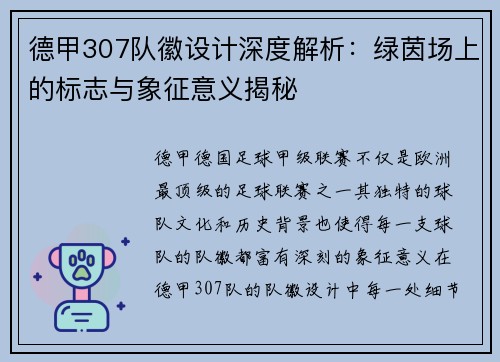 德甲307队徽设计深度解析：绿茵场上的标志与象征意义揭秘