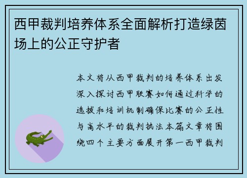 西甲裁判培养体系全面解析打造绿茵场上的公正守护者