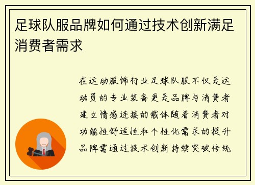 足球队服品牌如何通过技术创新满足消费者需求