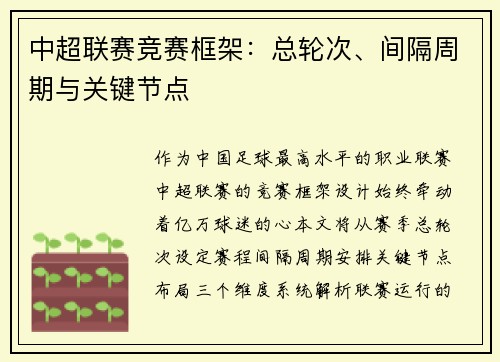 中超联赛竞赛框架：总轮次、间隔周期与关键节点