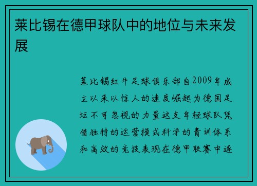 莱比锡在德甲球队中的地位与未来发展
